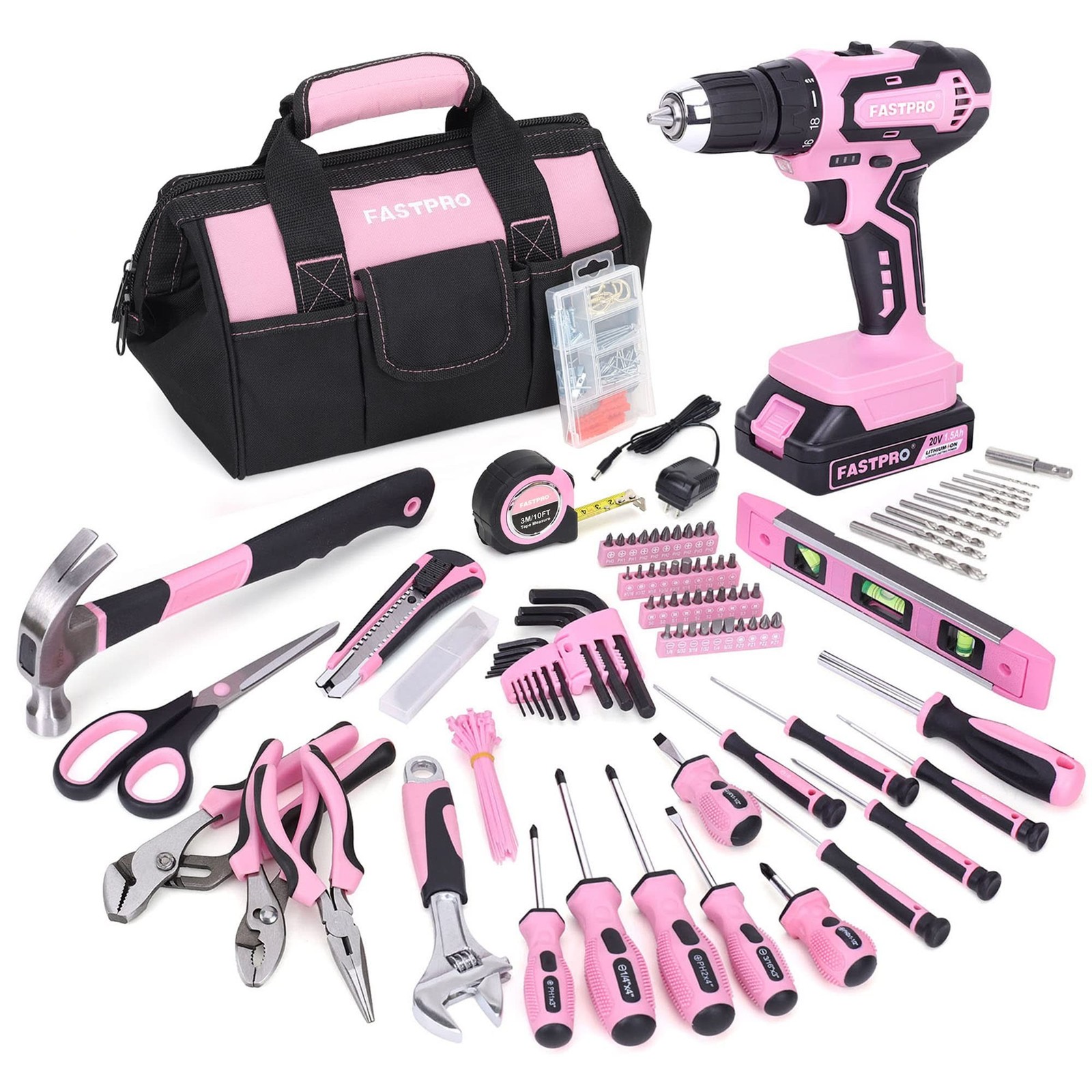 FASTPRO 232-Piece 20V Pink Cordless Lithium-ion Drill Driver and Home Tool Se...
