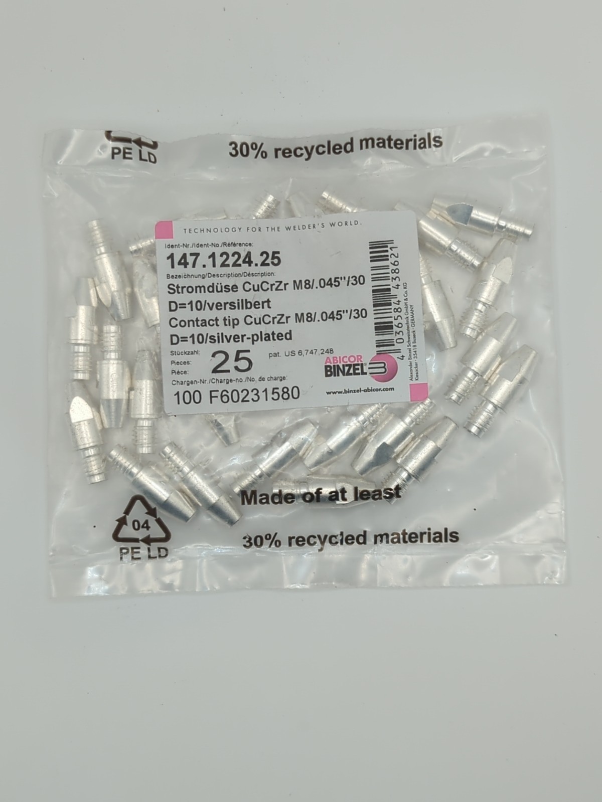 Abicor Binzel 147.1224.25 Contact Tips M8 .045/30 25 Pack Silver-Plated