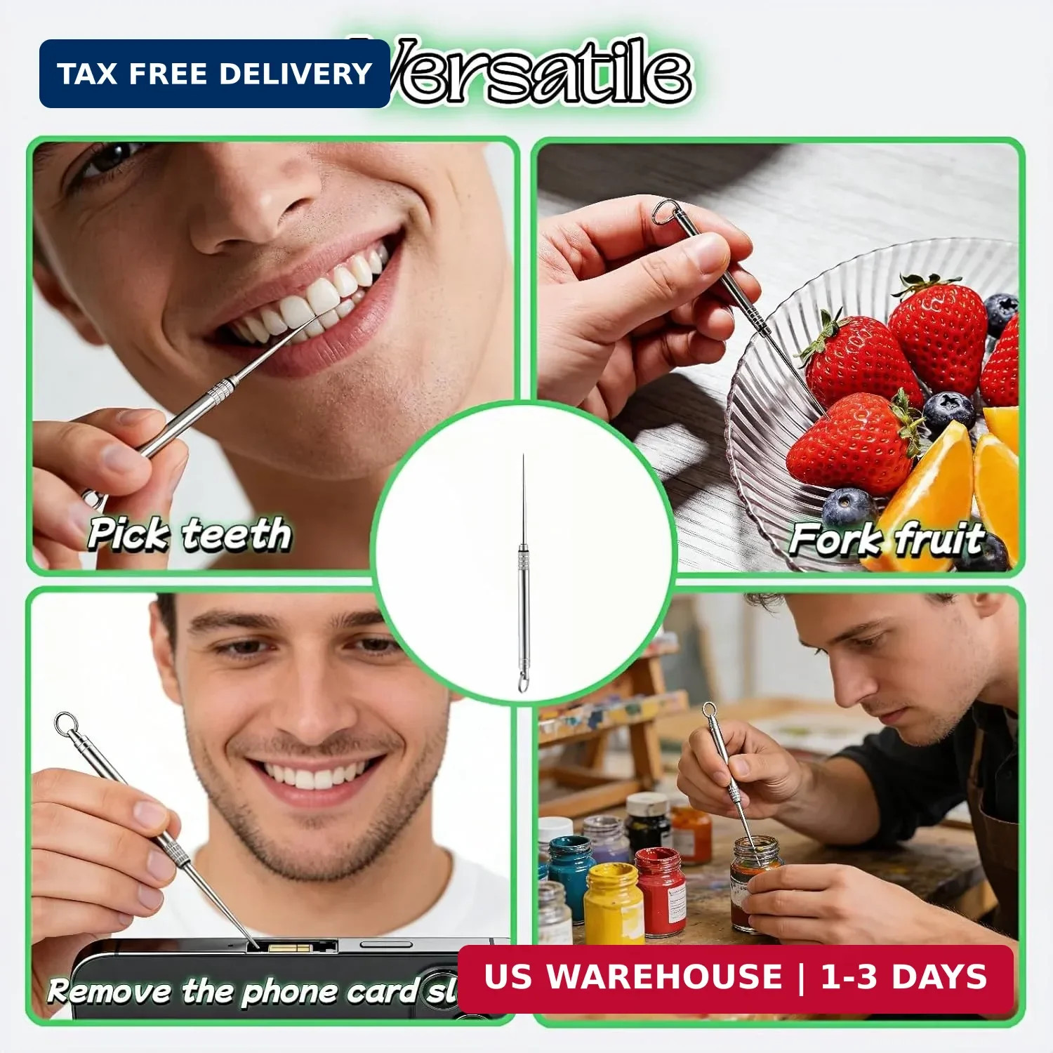 Portable Titanium Toothpick, Multi-Functional Reusable Stainless Steel Silver