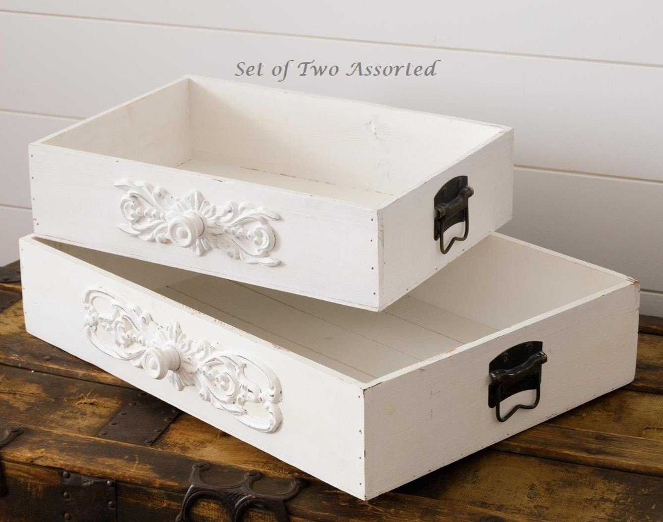 NEW FARMHOUSE DRAWER TRAYS 2 PCS Shabby White VTG LOOK Cottage CHIPPY WOOD METAL