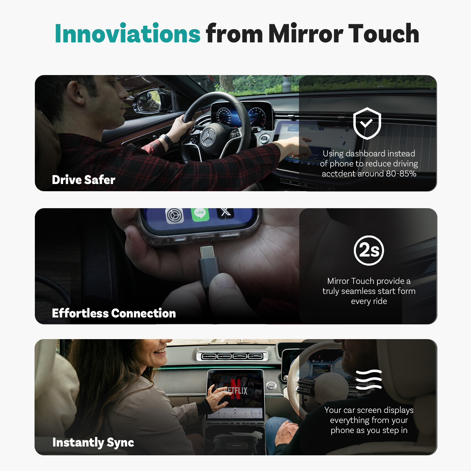 Ottocast Mirror Touch Wireless CarPlay Adapter Bidirectional control Phone & Car
