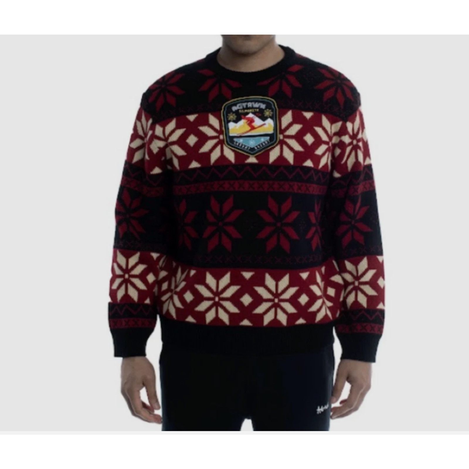 AGTAWH St Moritz Sweater Mens Large Red Black NordicSnowflake SkiResort Patch XL