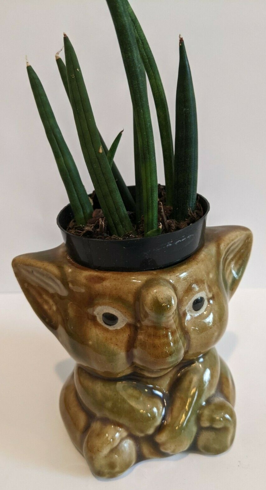 Vintage Brown Green Glazed Ceramic Lucky Elephant Trunk Up Planter Heavy