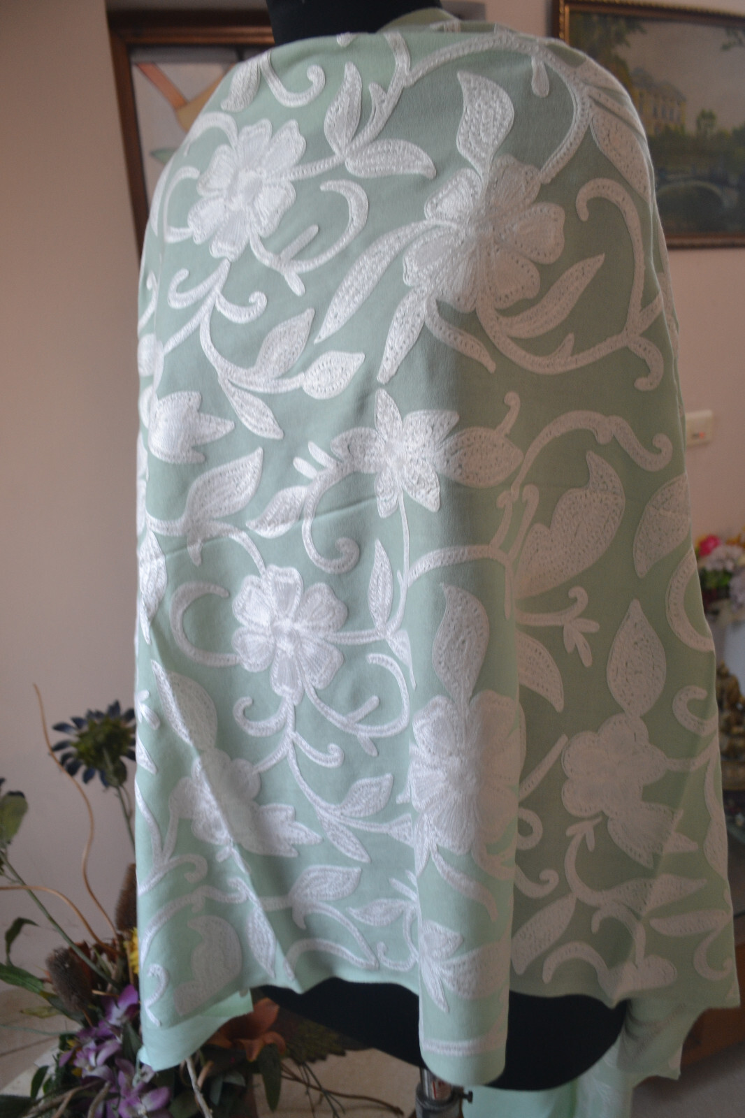 SEA GREEN KASHMIRI CREWEL EMBROIDERED PASHMINA SHAWL~100% CASHMERE~4 DESIGN