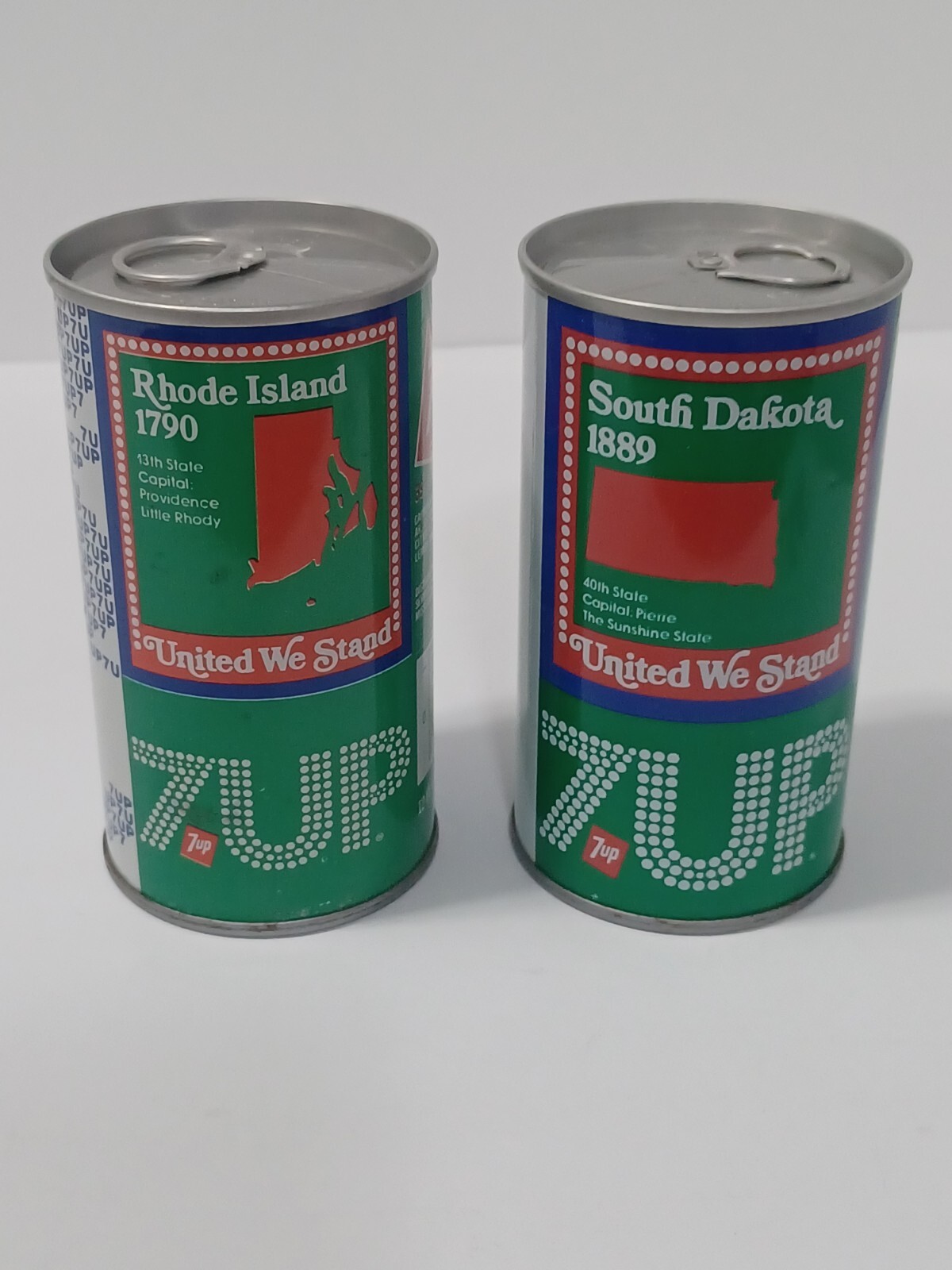 7up United We Stand Soda Pop Can #41 South Dakota & #39 Rhode Island - Vintage
