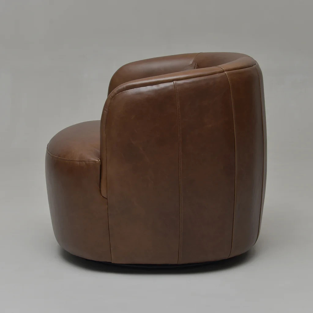 Open Box -34" Wide Genuine Leather Swivel Barrel Chair (Retail price $749)