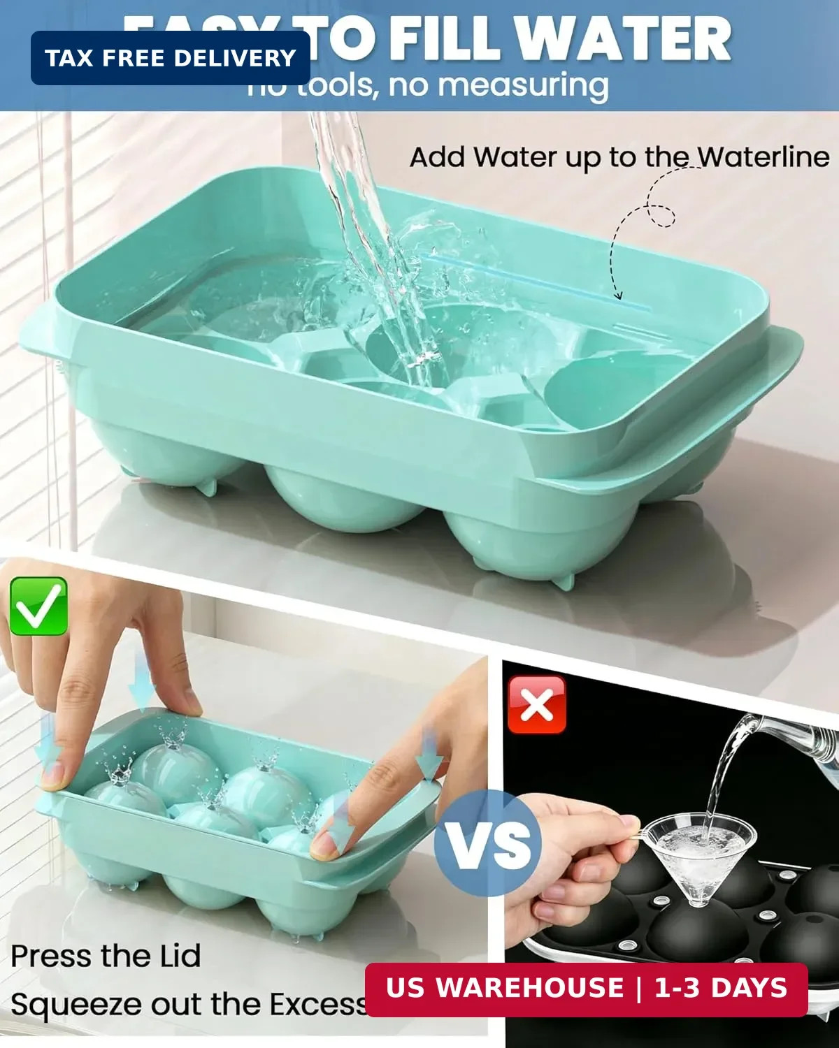Large Ice Cube Tray for Freezer - 2 Pack Stackable Round Ice Cube Molds Set, Eas