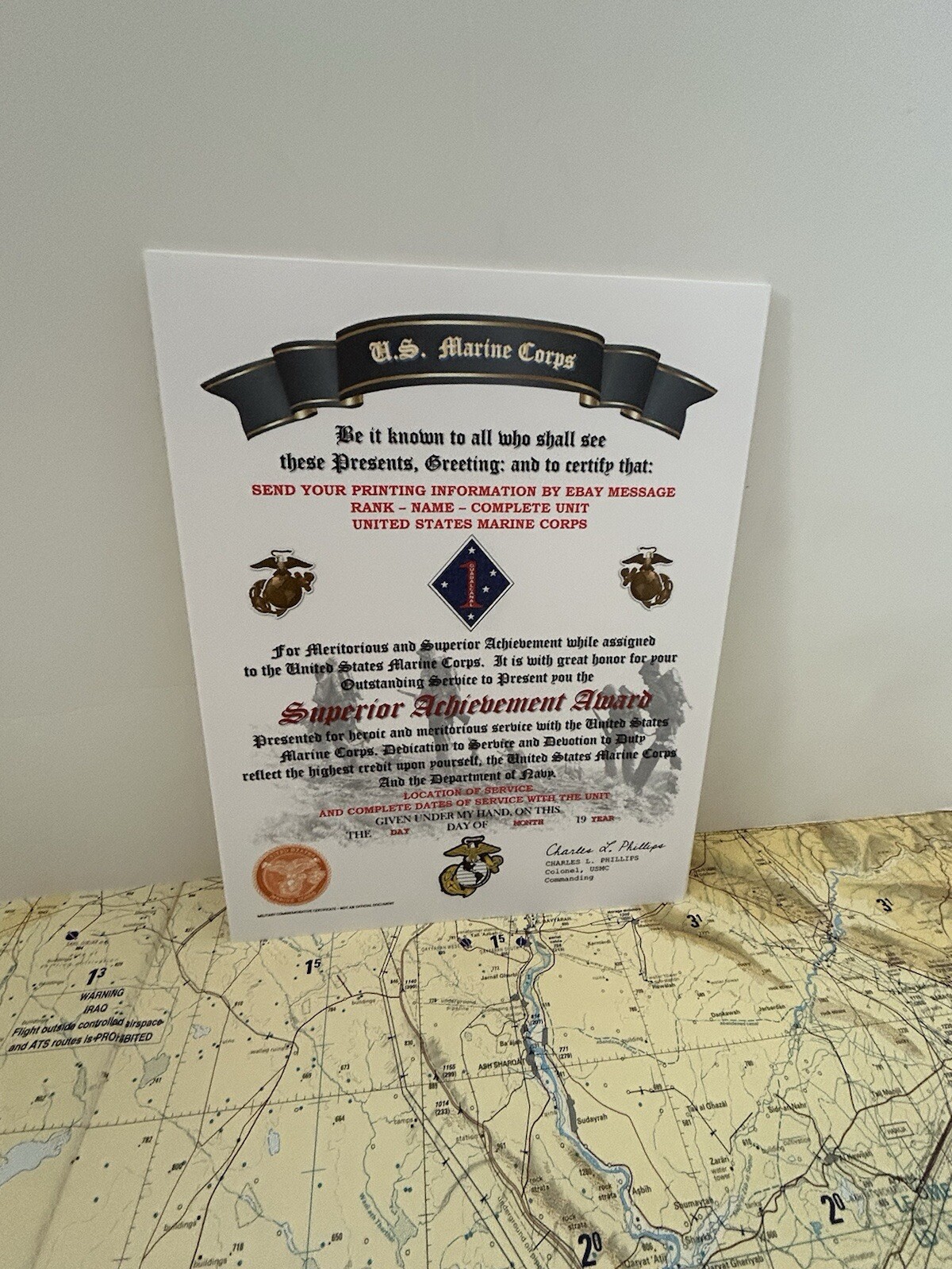 U.S.M.C. / SUPERIOR ACHIEVEMENT AWARD - 1ST MARINE DIVISION / CERTIFICATE