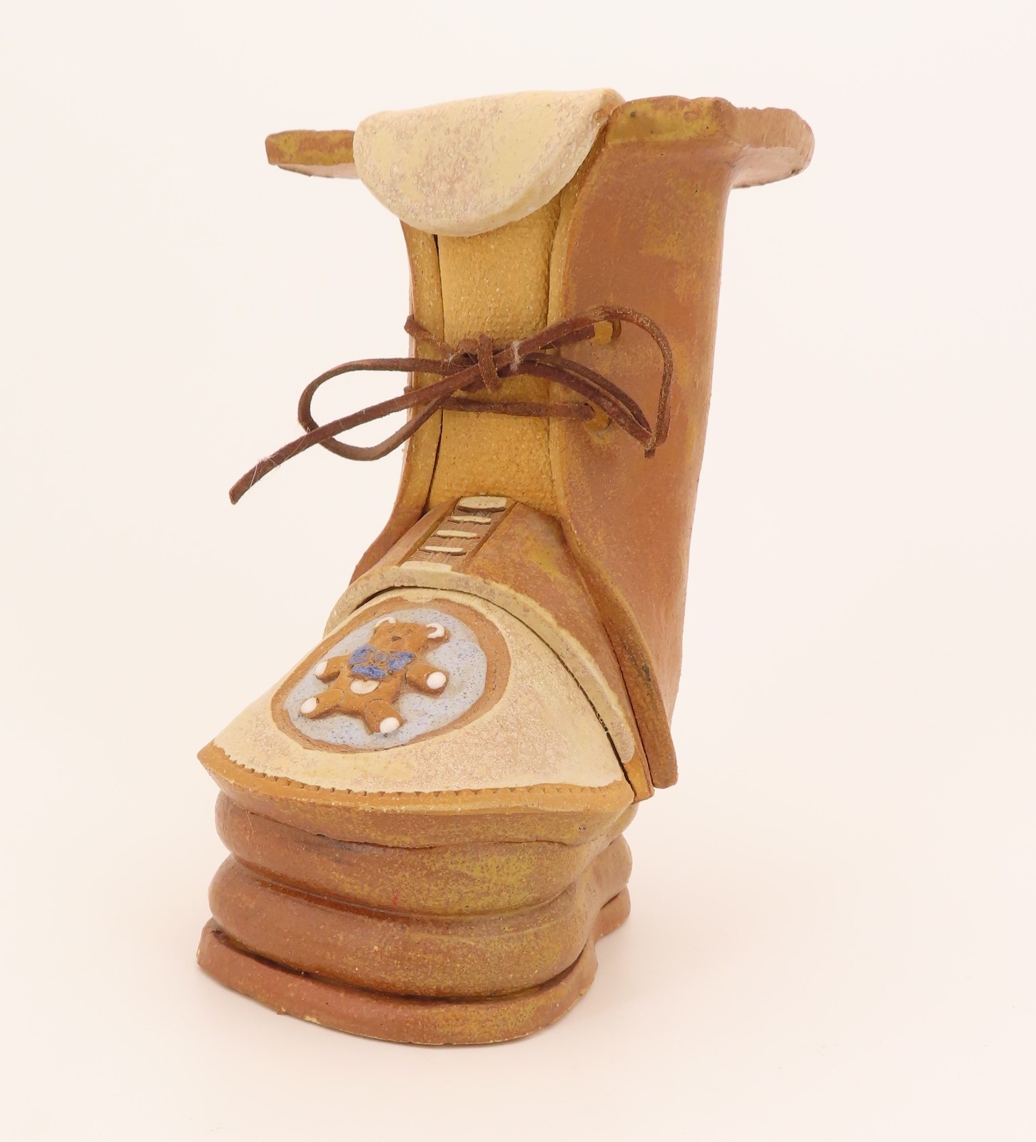 Clay Boot Vase Planter Clay Country Cobbler Leather Lace Bear Medalion 6.75" H