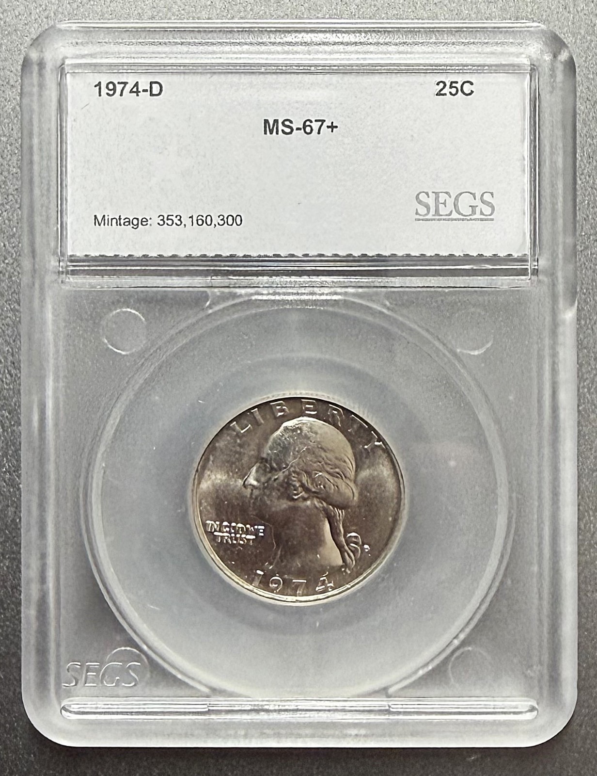1974-D WASHINGTON QUARTER 25C SEGS GRADED MS67+ UNCIRCULATED COIN (#30-5046)