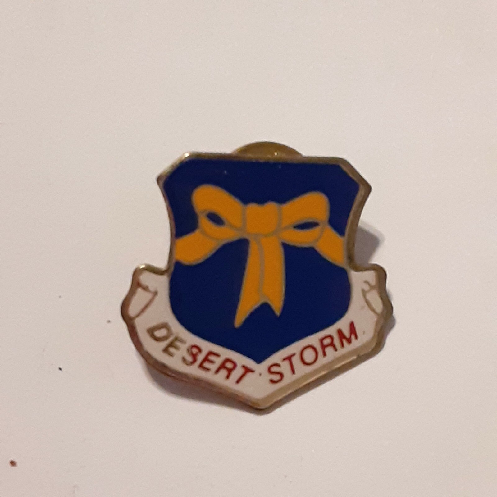 Desert Storm Lapel Pin blue yellow bow Union Made USA 1"