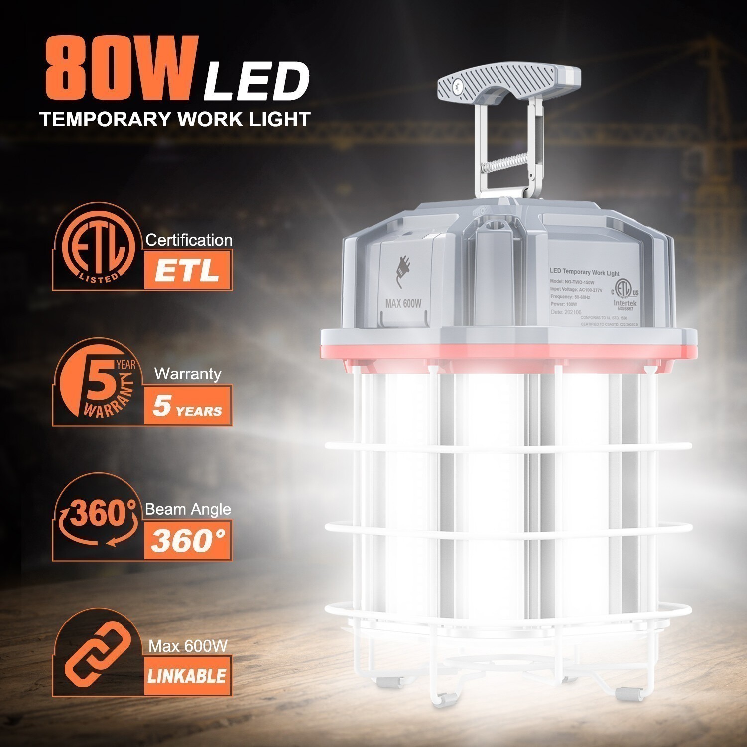 80W Linkable LED Temporary Work Light Commercial Industrial Construction Lights