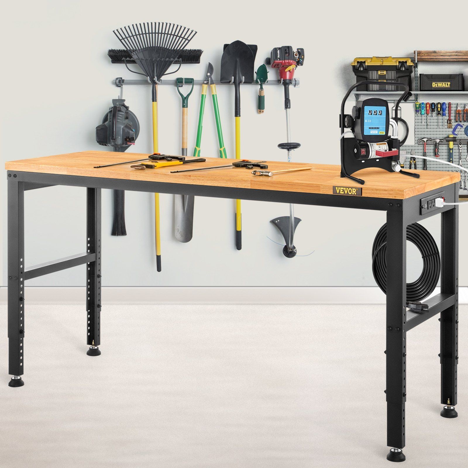 48" Workbench 2000LBS Capacity Adjustable Height w/ Power Outlets Hardwood Top