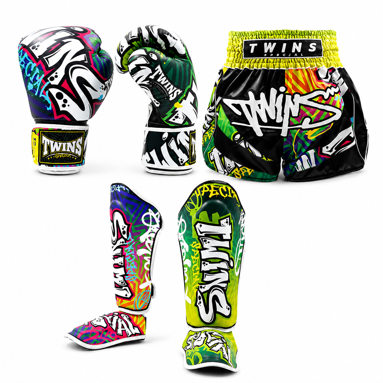 Twins Special Edition Sparring Boxing set of Gloves, MMA Shorts & Shinguards