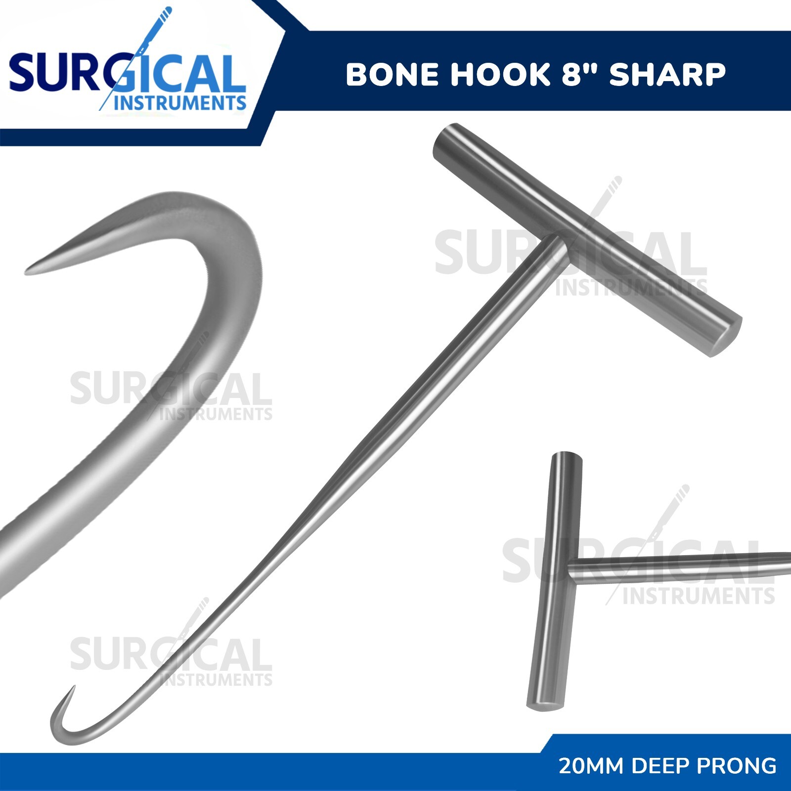 Bone Hook 8″ Sharp 20mm Deep Prong with T-Handle Stainless Steel German Grade