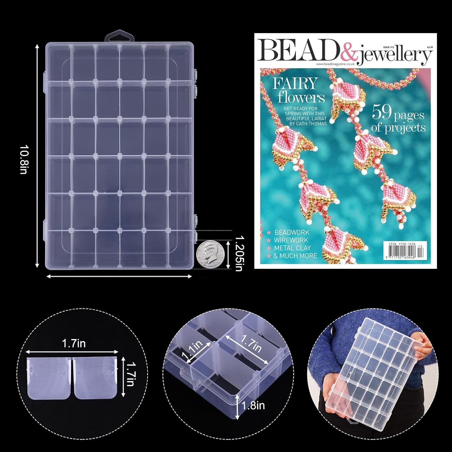4 Pack 36 Grid Clear Bead Organizer Boxes with Adjustable Compartments & Labels