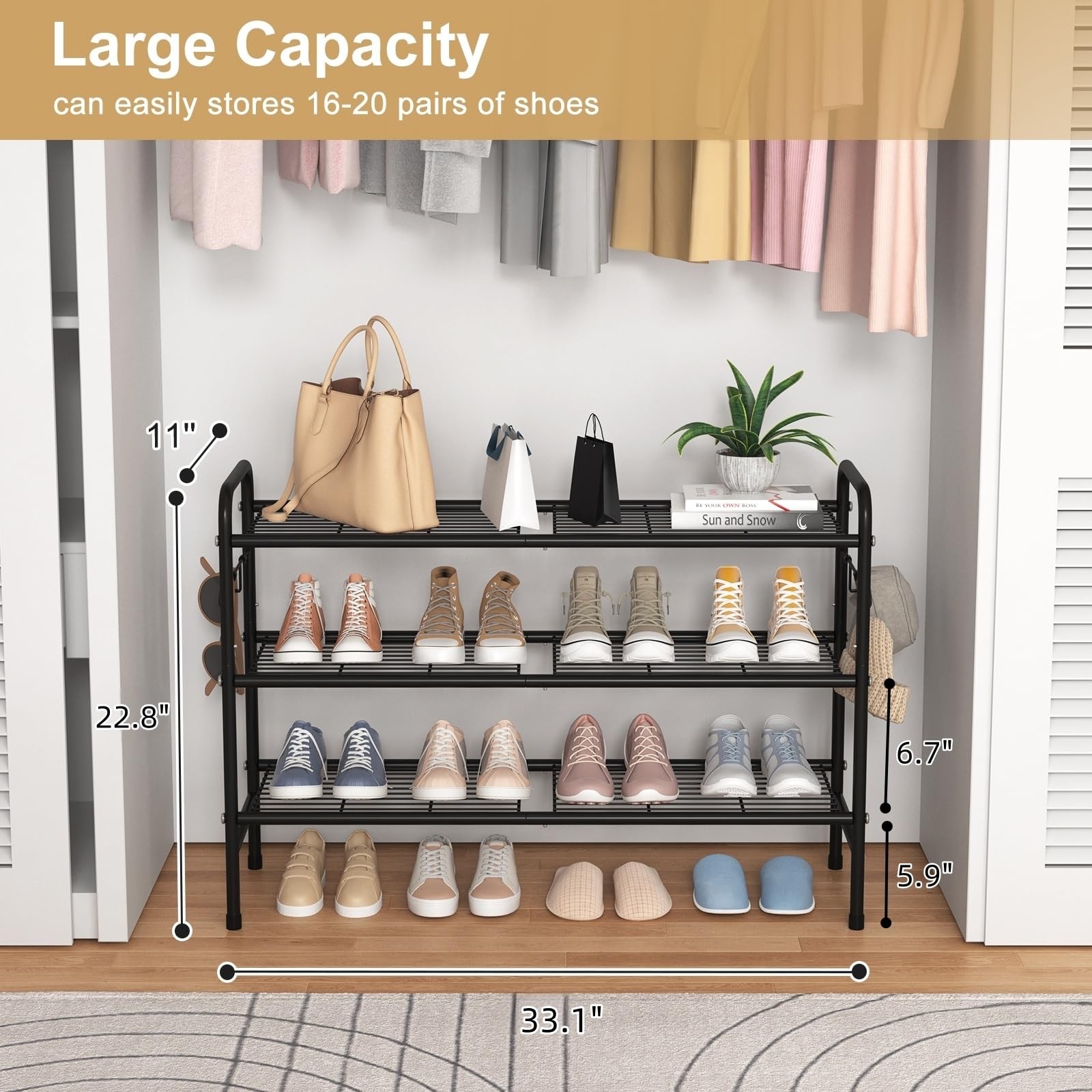 Shoe Rack Organizer Metal Wide Long Storage Tier 33 Side 4-Tier