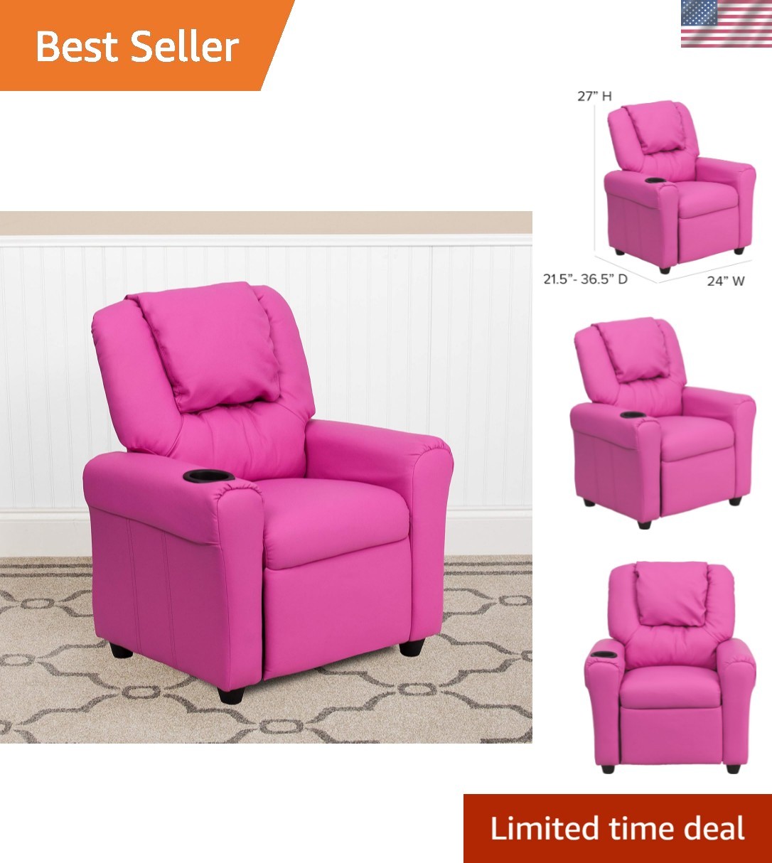 Hot Pink Vinyl Kids Recliner with Cup Holder and Headrest