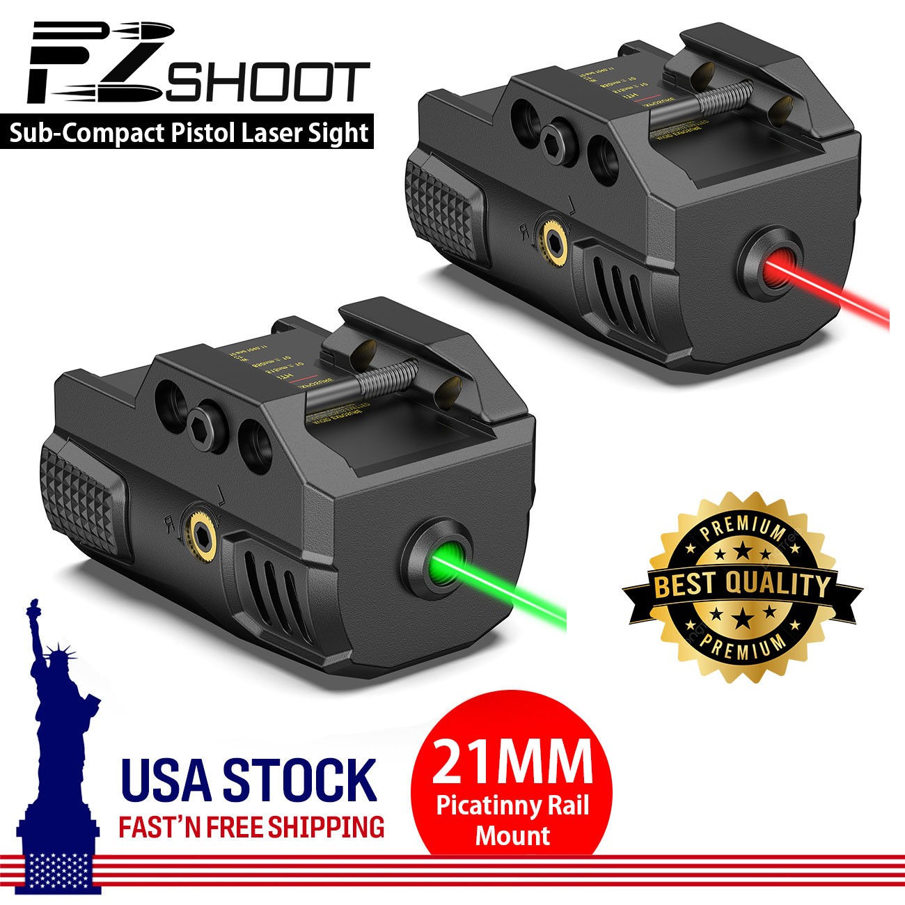Low Profile Green/Red Laser Sight Picatinny Mounted Pistol Handgun Rechargeable