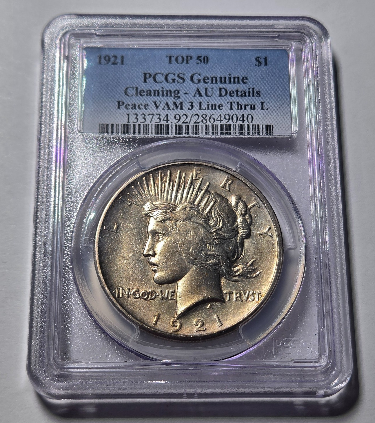 1921 PEACE HIGH RELIEF $1 Dollar Coin ~ Top 50 VAM 3 Line Thru L ~ PCGS AU Detls