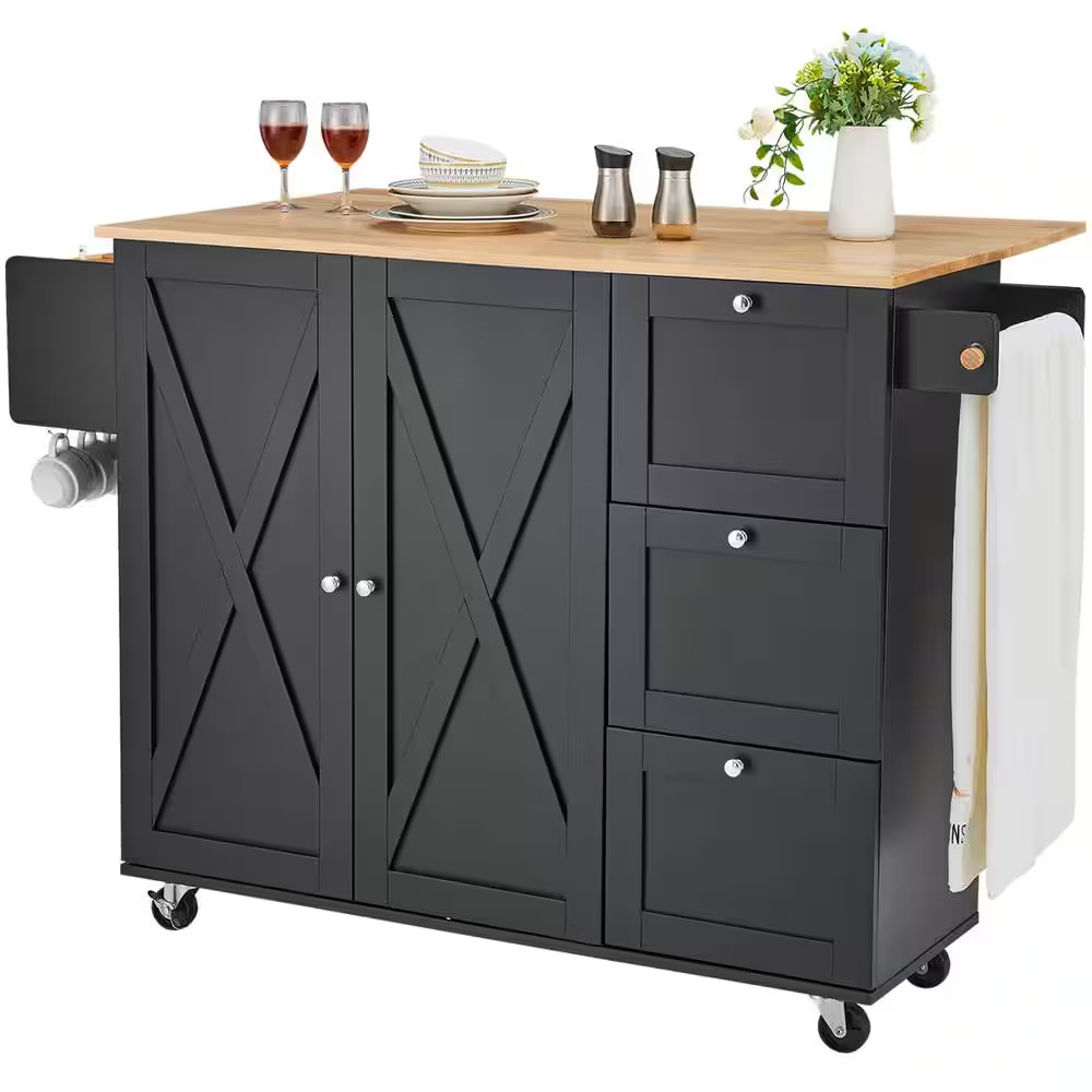 56 In. Kitchen Cart Mobile Rolling Table with Natural Wood Top, Storage Cabinet,