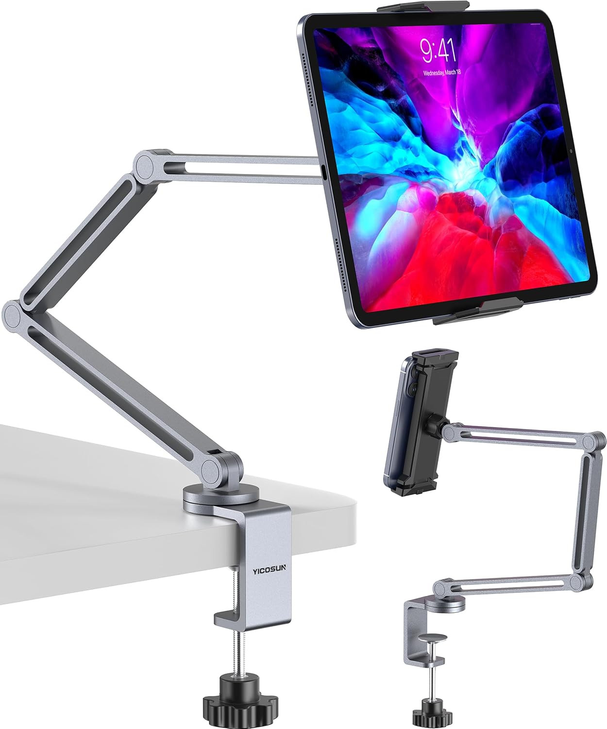 Tablet Arm Mount with Super Grip Heavy Duty 360° Rotating Clamp iPad Phone Gray