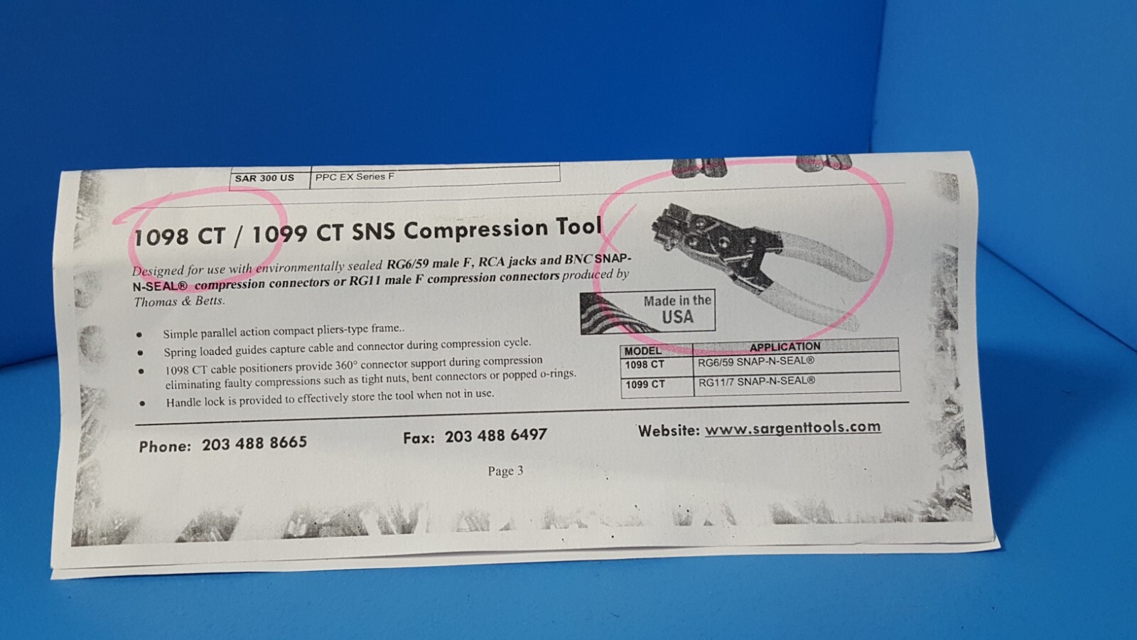 RG6/59 SNAP-N-SEAL COMPRESSION TOOL, 1098 CT, THOMAS & BETTS
