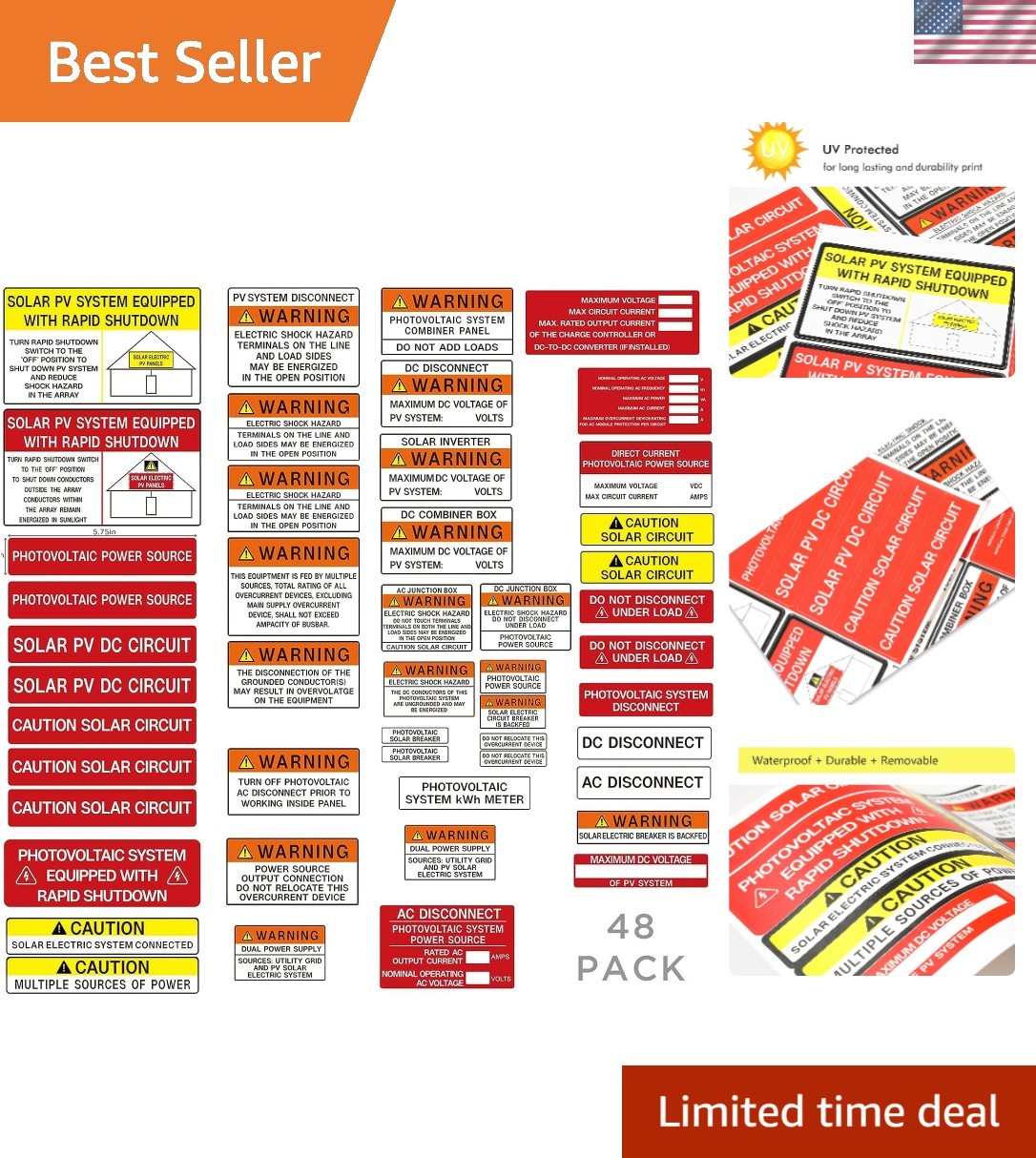 Weather-Resistant Solar Panel Safety Labels Kit | 48 High-Quality Stickers