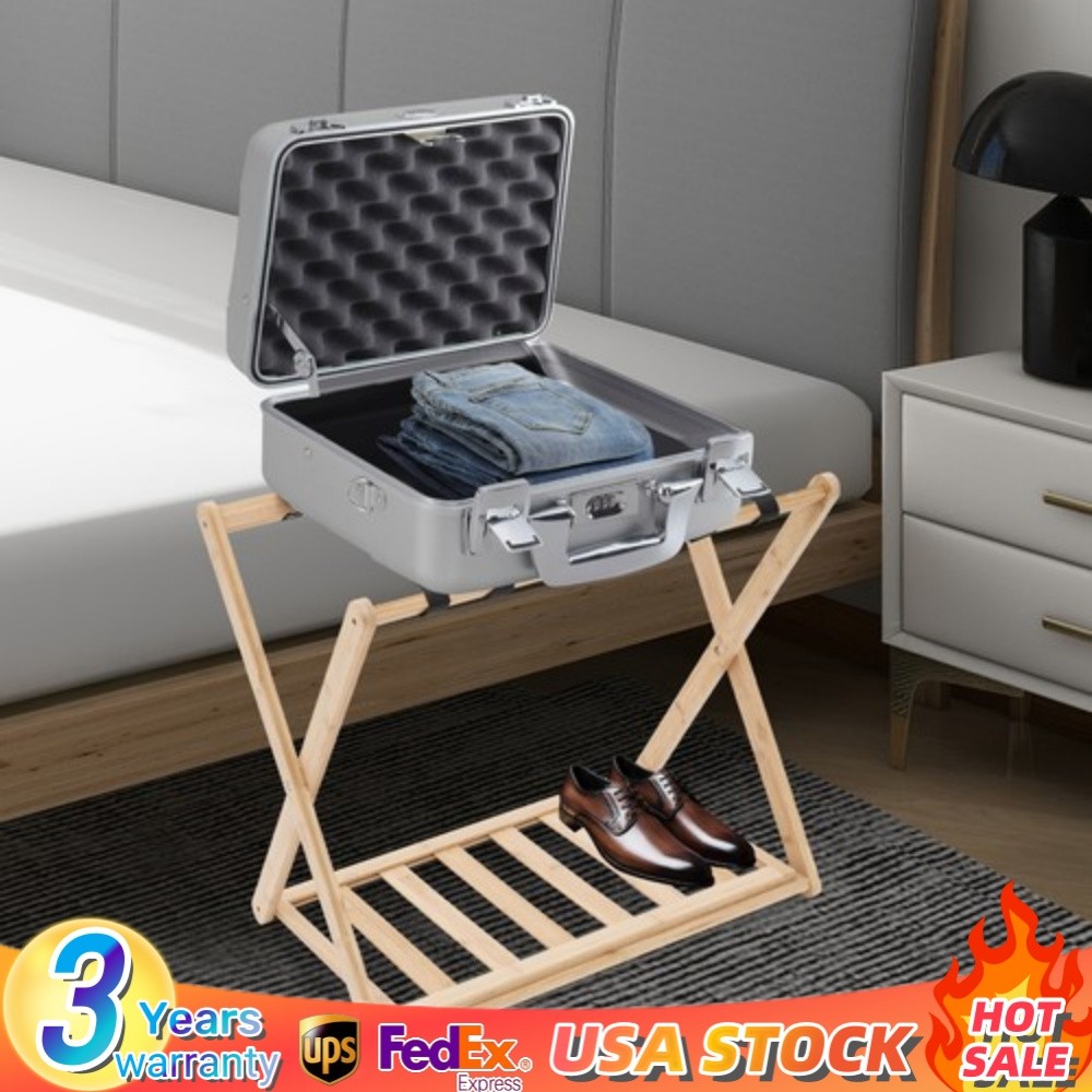 2Pcs Bamboo Luggage Rack Guest Room Foldable Suitcase Stand with Fabric Shelf