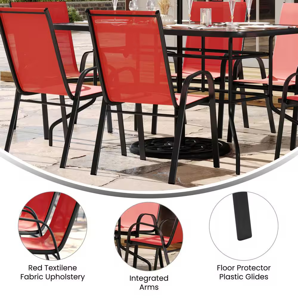 Brazos Red 5-Piece Metal Rectangular Table and 4-Red Flex Comfort Stack Chairs O