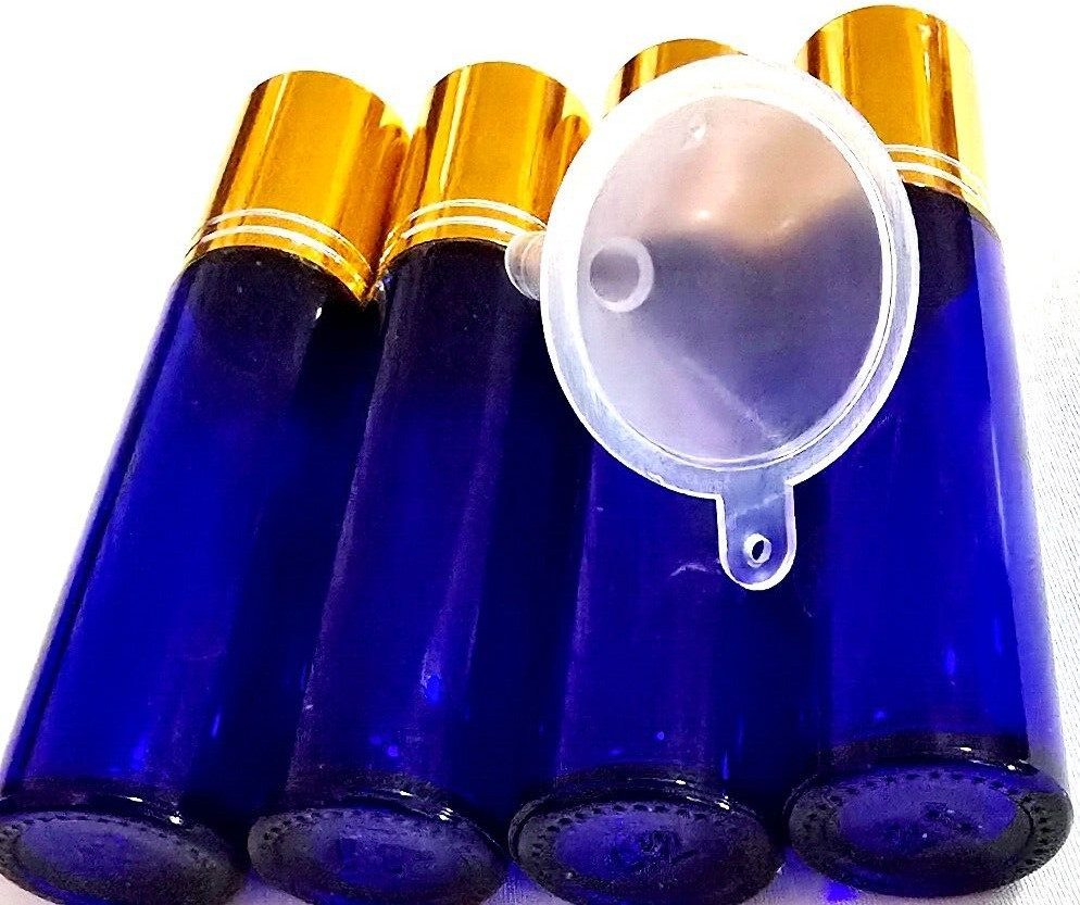 4pc Deep Blue Glass Essential Oil Roller Bottles with Mini Funnel
