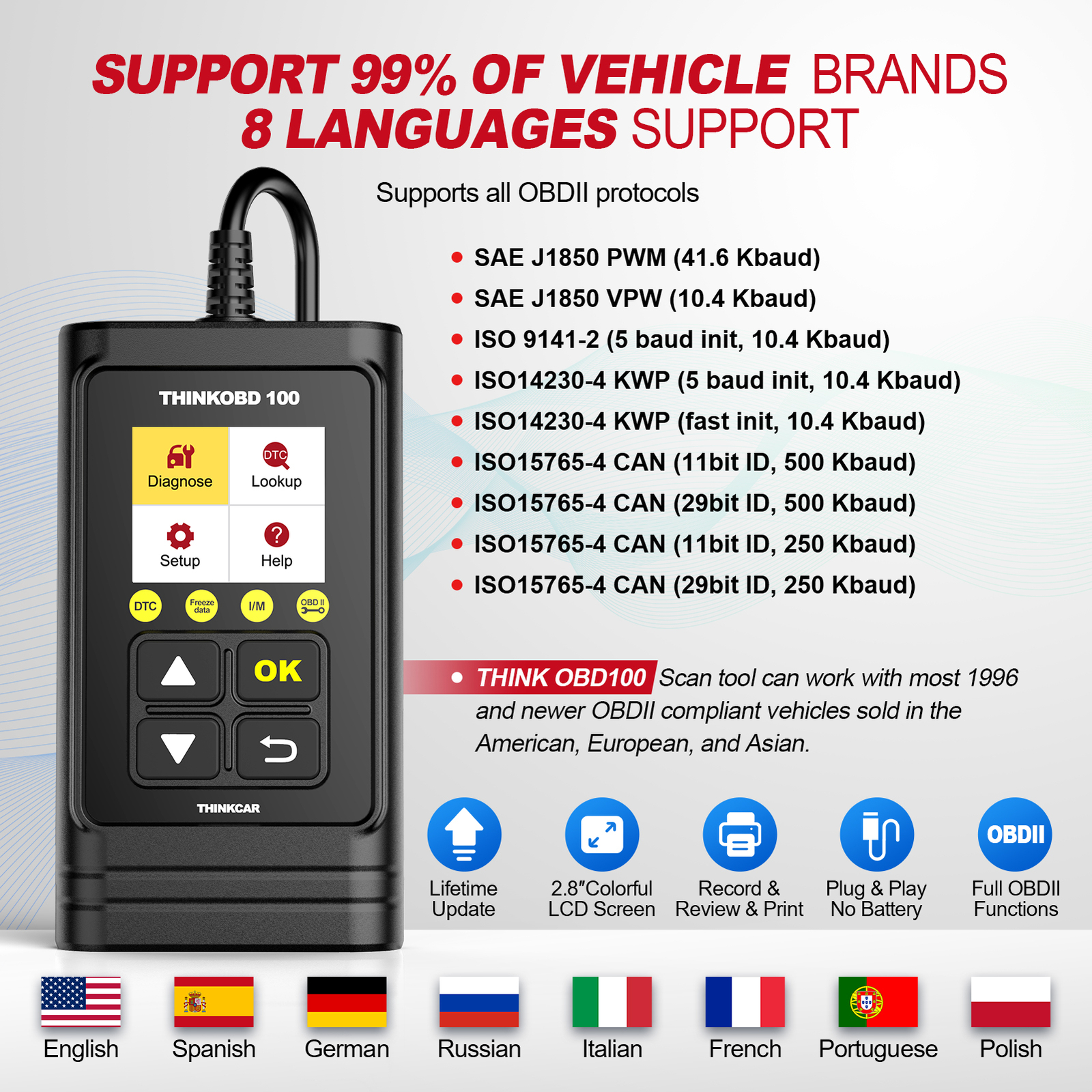 THINKCAR OBD100 Code Reader OBD2 Car Scanner Engine Auto Fault Diagnostic Tool