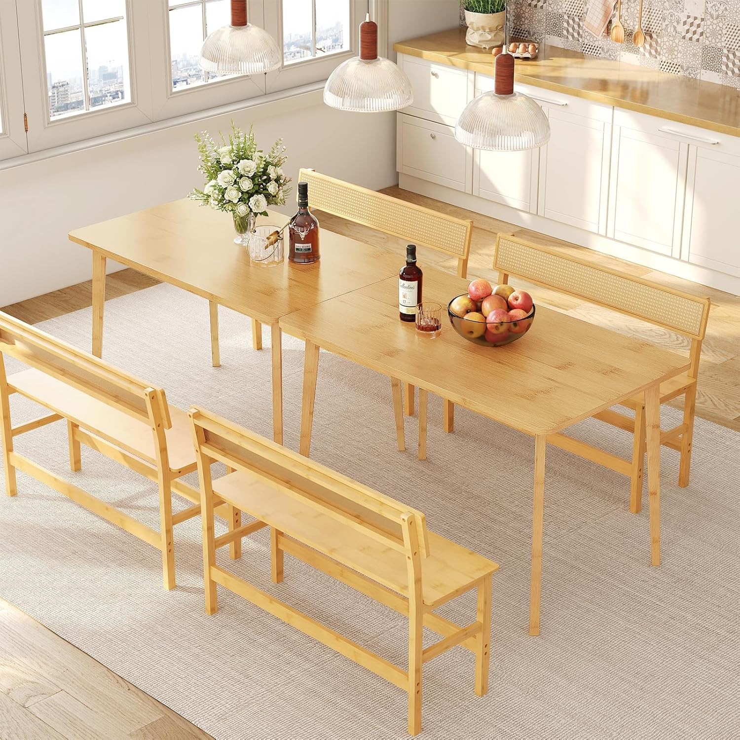Dining Table Bamboo Rectangle Kitchen Table for 4-6 ,Easy to Assemble,