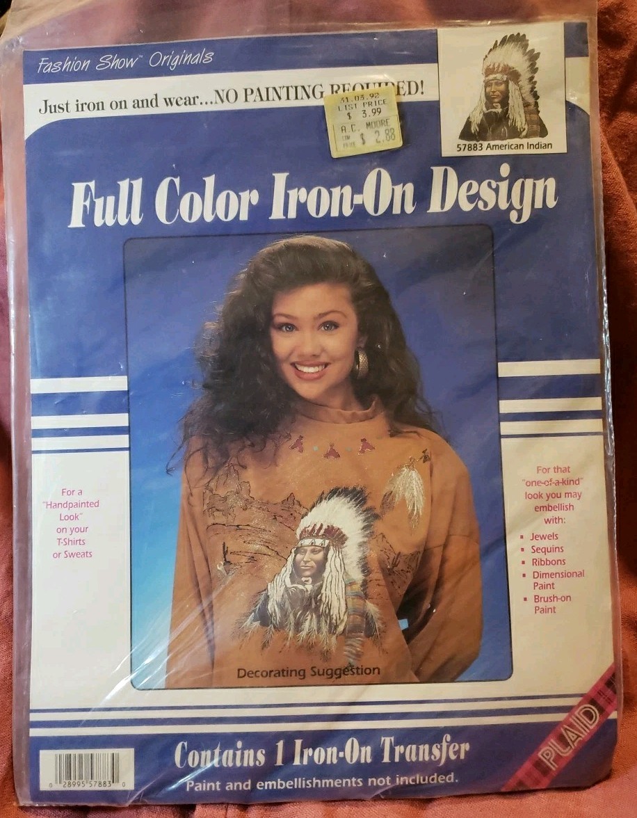 Vtg Plaid Full Color Iron-On Design Transfer "American Indian" New Sealed