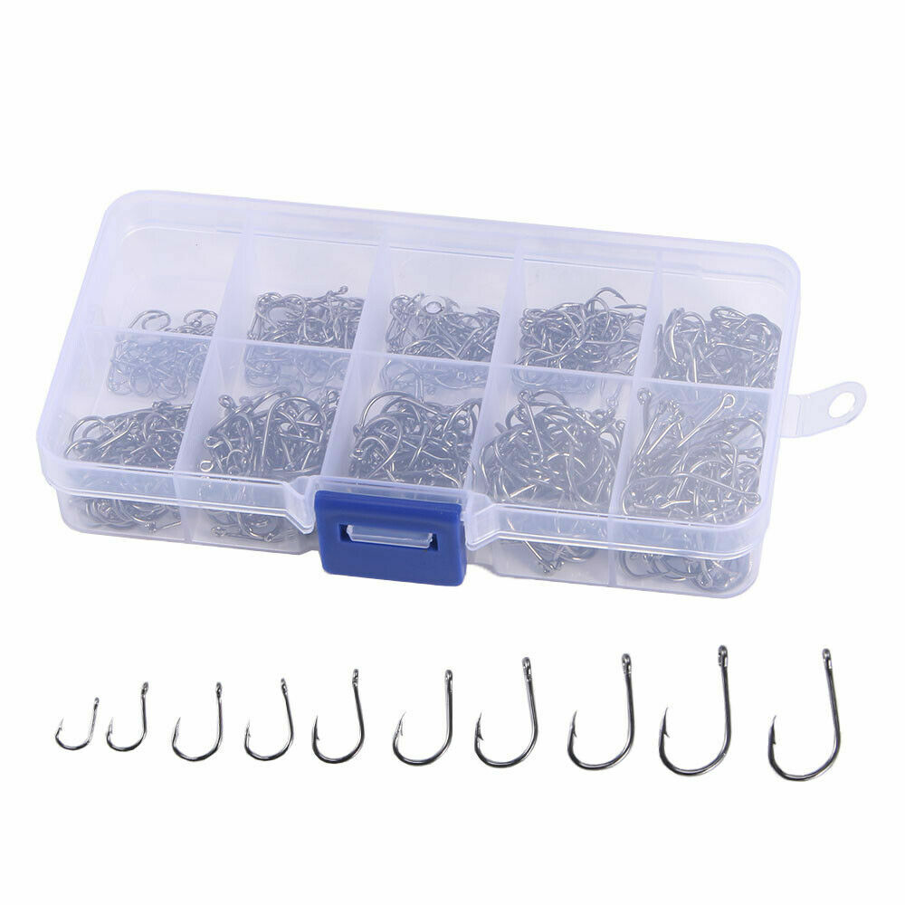 1000pcs Fish Hooks 10 Sizes Fishing Black Silver Sharpened With Box Quality kit