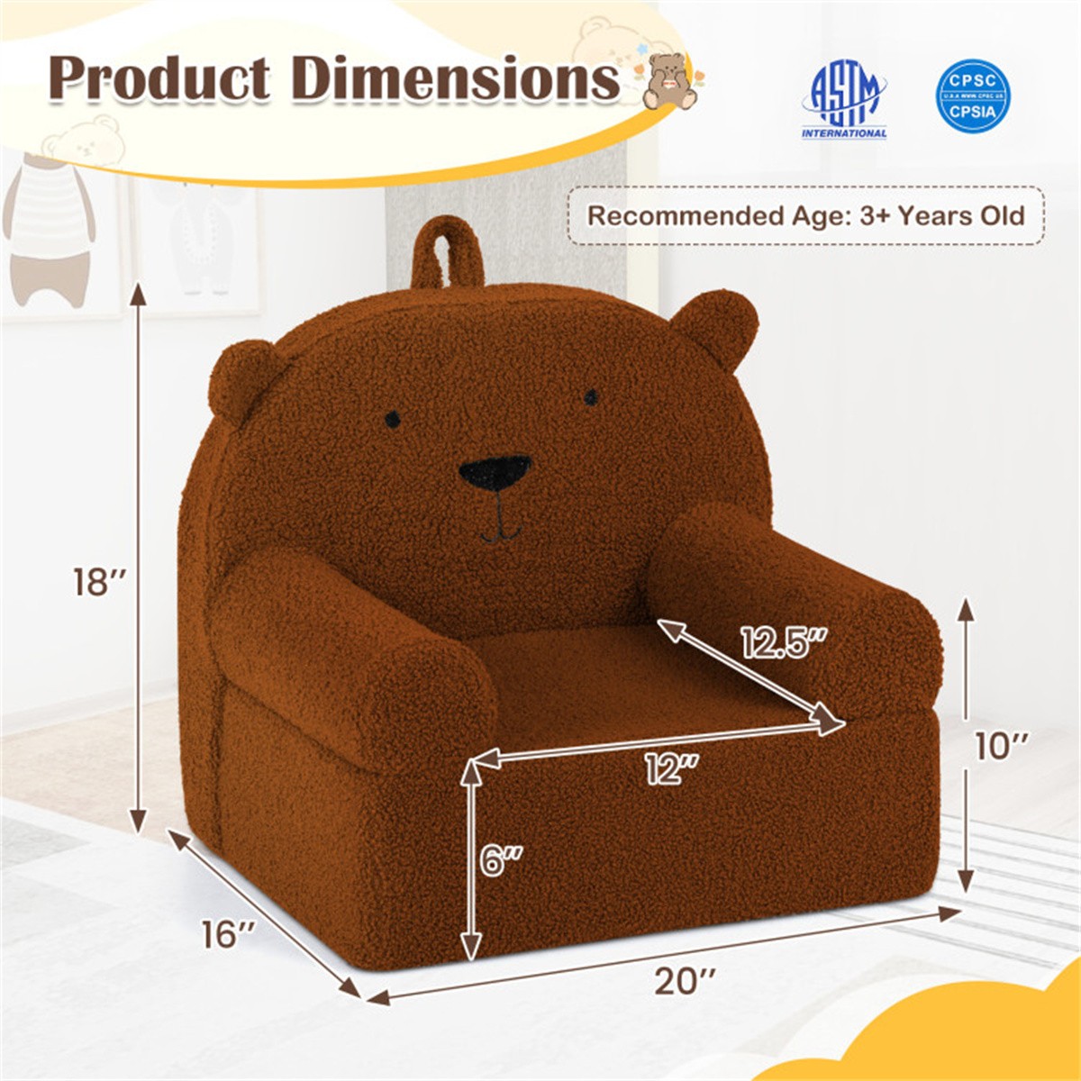 Bear-Shaped Kids Sofa, Teddy Fleece Foam Chair for Toddlers 3+, Portable Couch