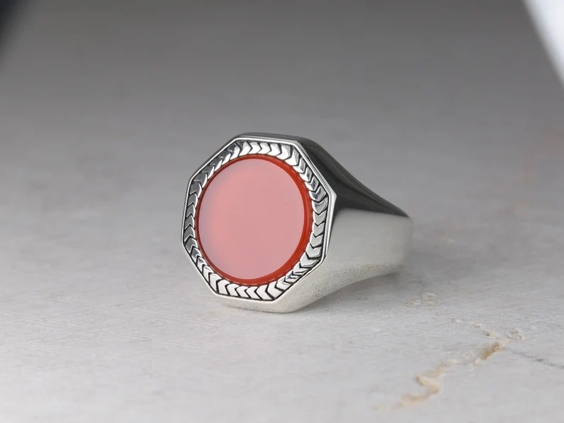 Natural Red Carnelian Ring 925 Sterling Silver Octagon Aqeeq Men Signet Pinky