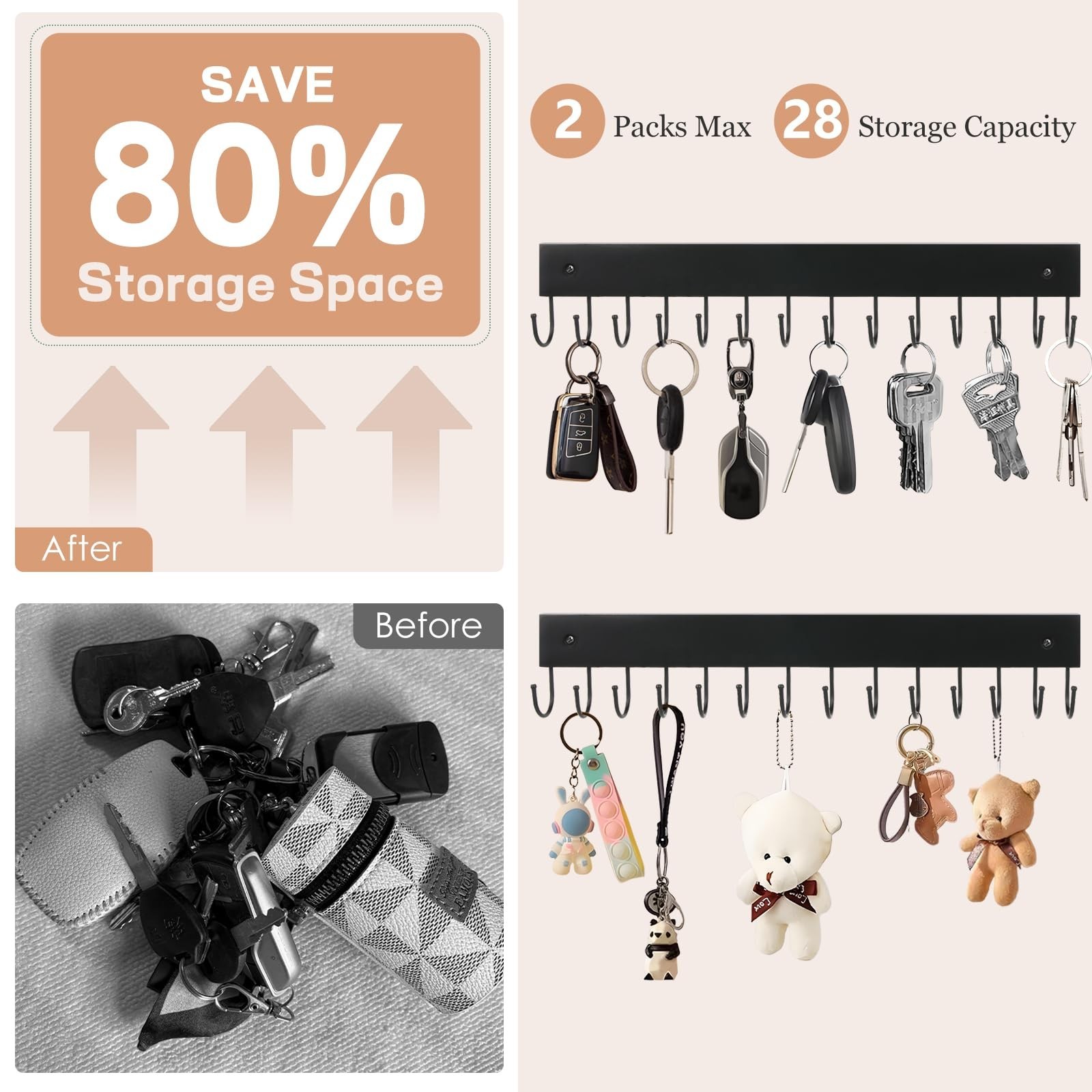 2Pack Key Holder Wall Mount with 28 Rotating 180° Key Hooks, 14.6" Rustproo