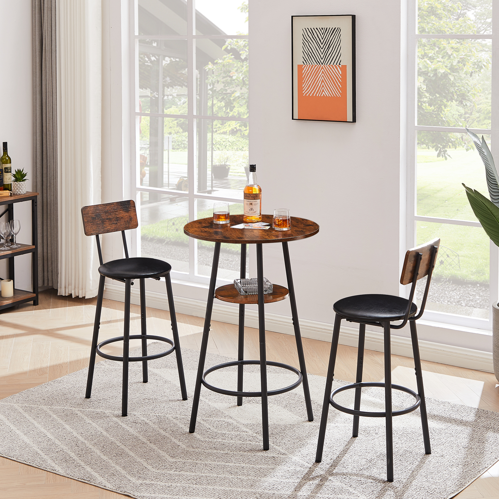 3PCS Industrial Bar Table Chairs Set Pub Table and 2 PU Upholstered Stool Chairs