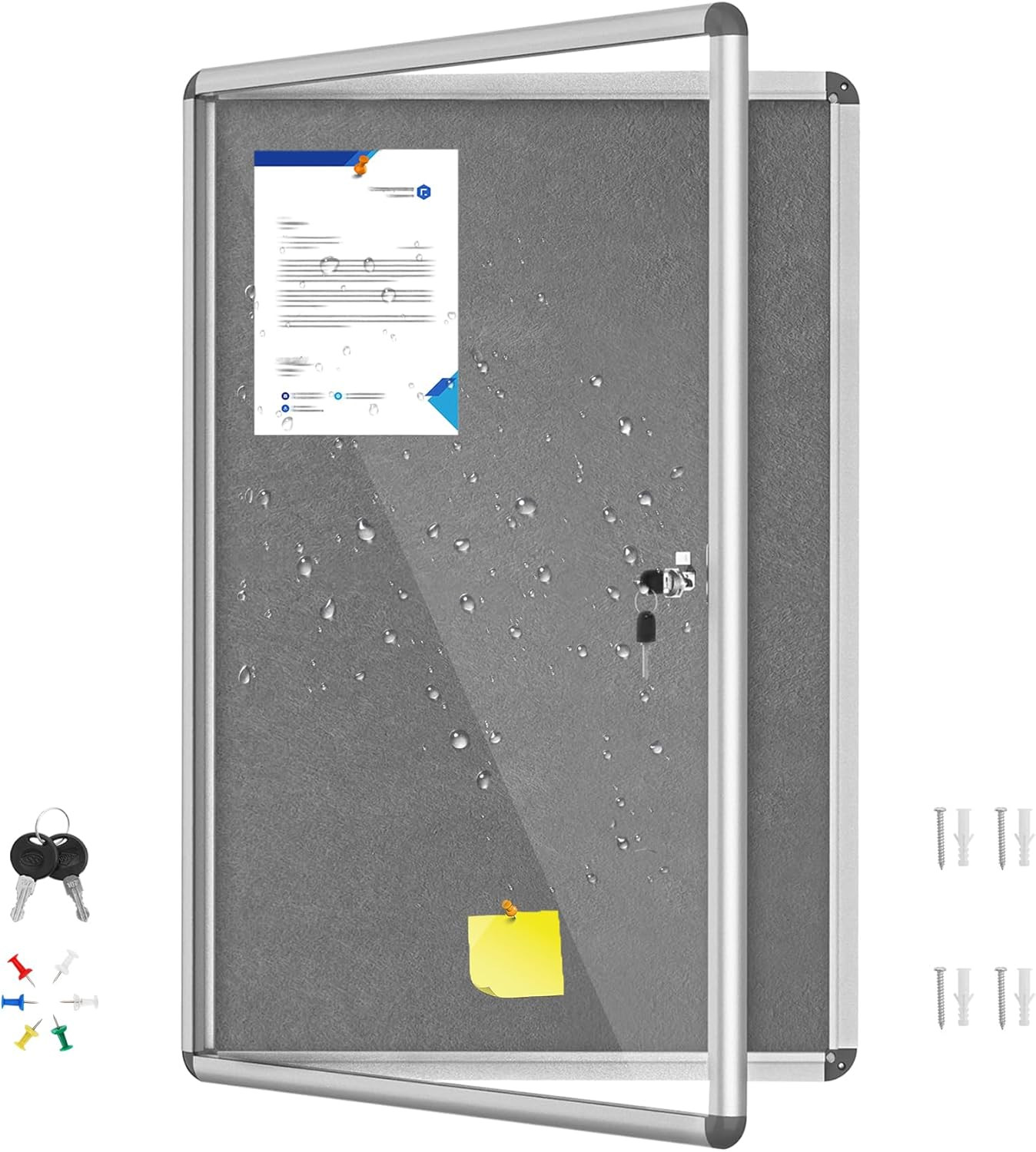36"X24" Enclosed Bulletin Board with Locking Door, Tamper-Proof Dispaly Case, Al