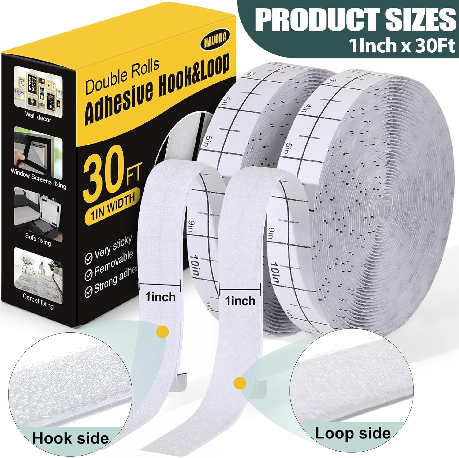 30Ft x 1 Inch Hook and Loop Strips with Adhesive – 2 Rolls Heavy Duty Hook an...