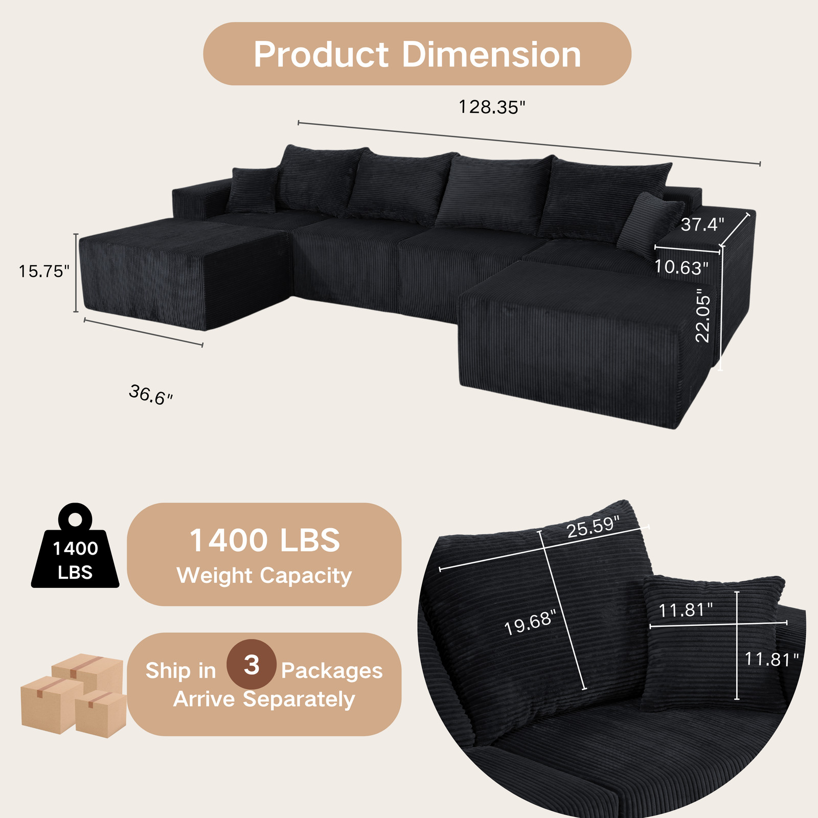 (Old SKU:W3163S00040)6-Piece Modular U-Shaped Sectional Sofa in Black, Convertib