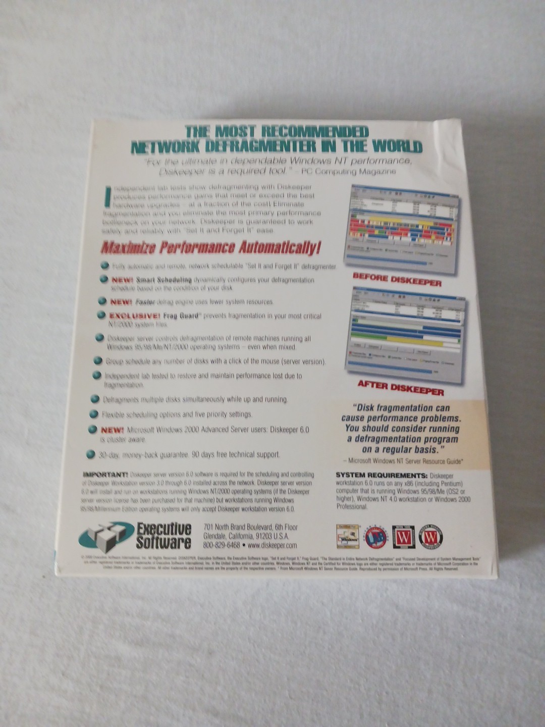 NEW SEALED Executive Software Workstation Diskeeper 6.0 Windows 95/98/ME/NT/2000