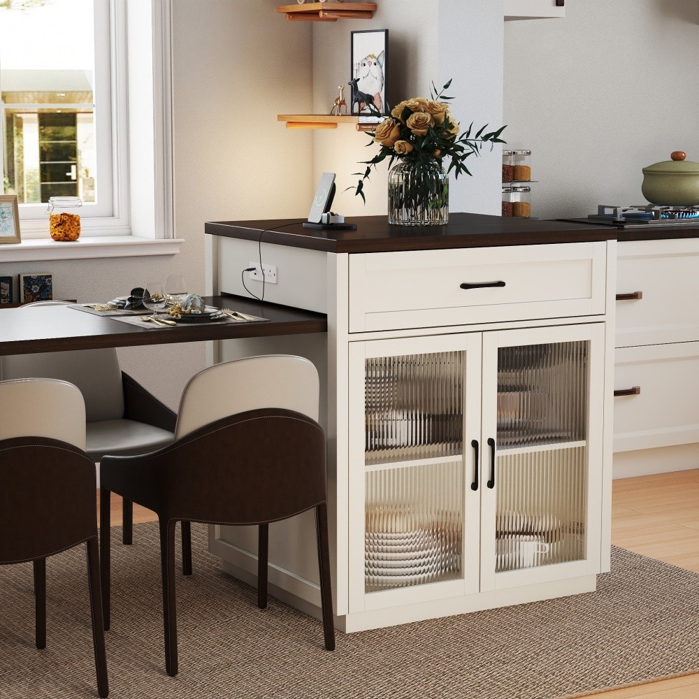 Extendable Kitchen Island Table with Power Outlet Storage Glass Doors Walnut