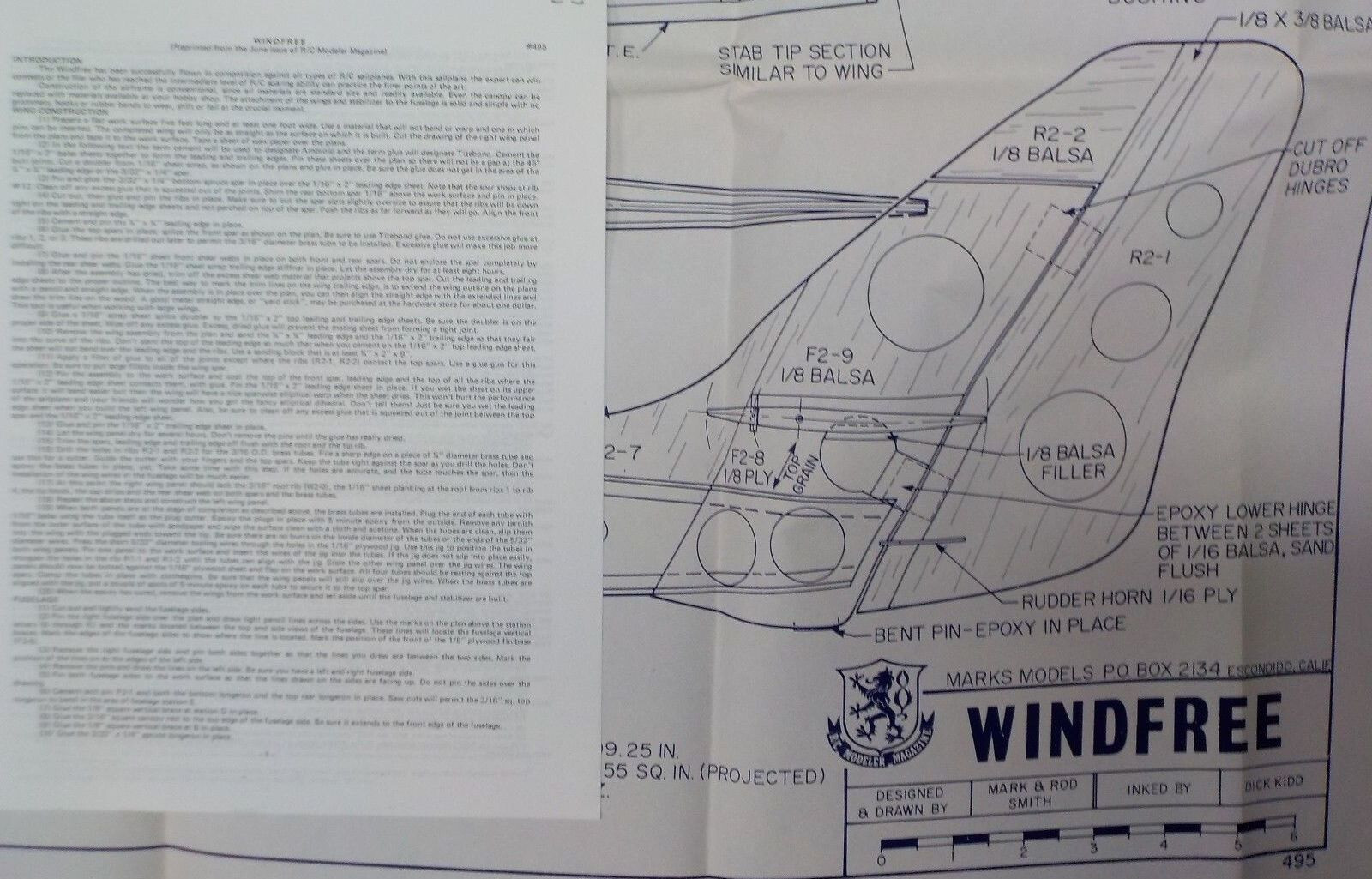RCM WINDFREE PLAN + BUILDING ARTICLE for a 99" Wing Span RC Model Sailplane
