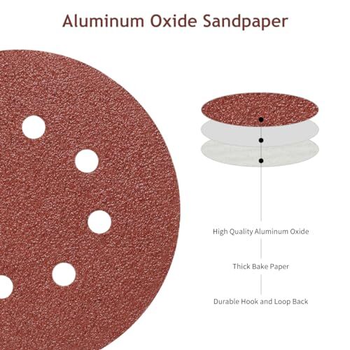 50Pack 5" 8 Hole Sanding Discs Hook and Loop Round Sand Paper for Orbital Sander
