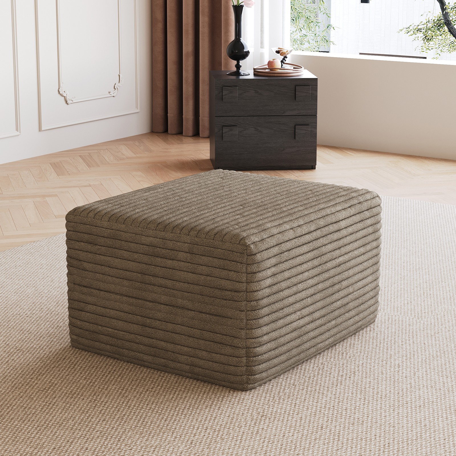 Camel Plush Corduroy Ottoman Sofa, No Assembly Required