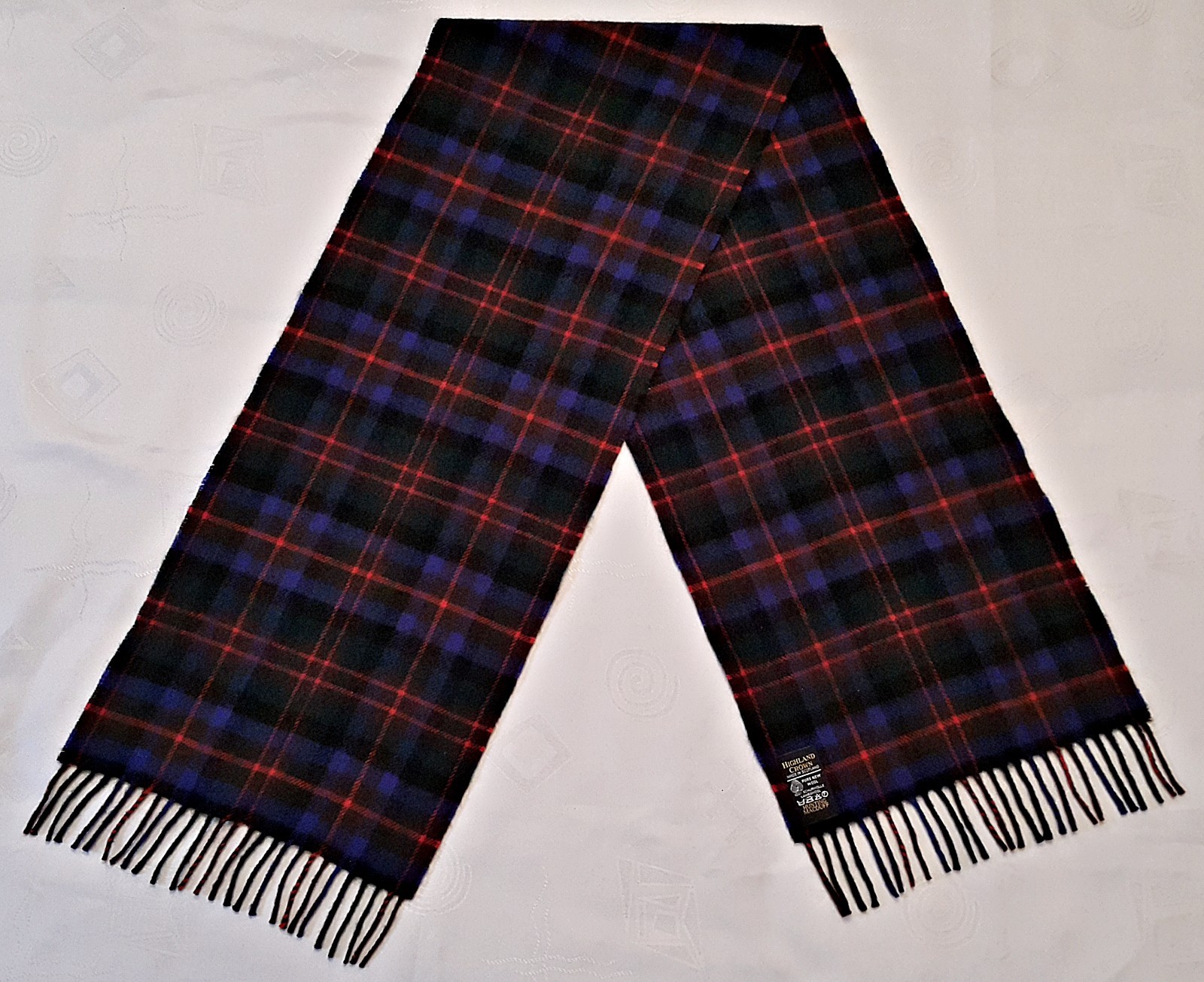 SCOTLAND VINTAGE HIGHLAND CROWN PLAID GREEN RED LAMBSWOOL LONG MENS FRINGE SCARF