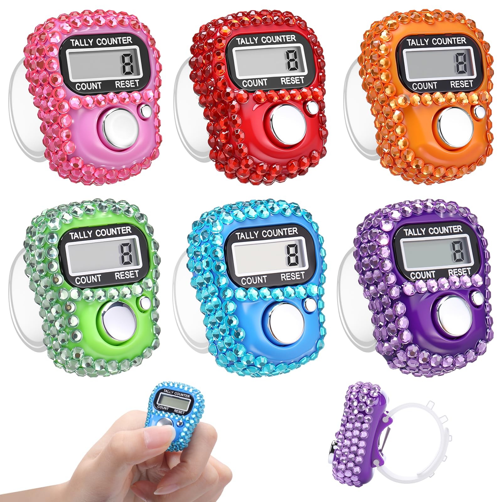 6 Pcs Electronic Finger Counter Rhinestones Hand Tally Clicker Tasbeeh Counte...