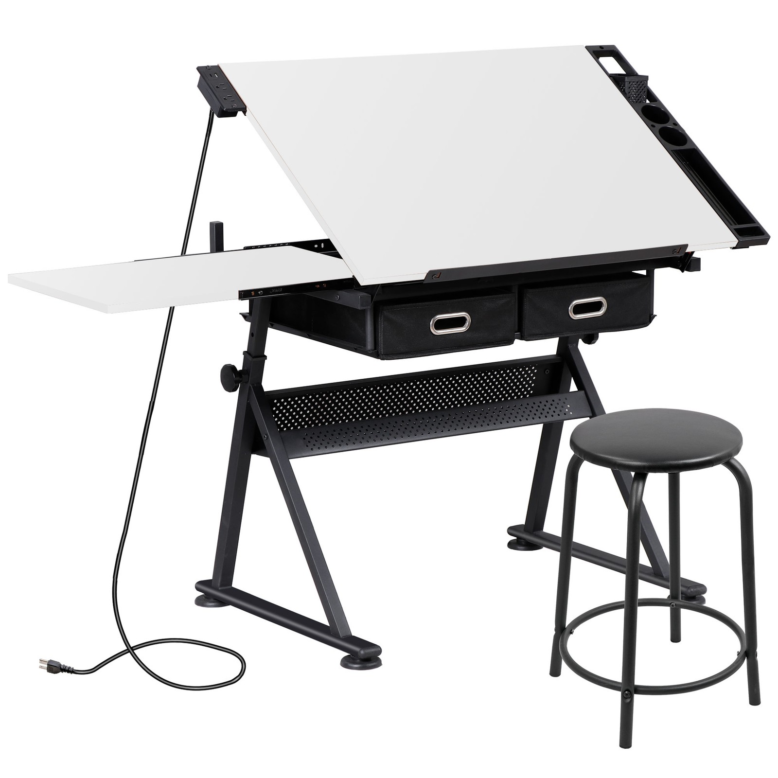 Adjustable Drafting Drawing Tiltable Table & Stool w/ 2 Drawers & Outlet White